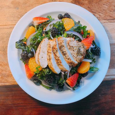 Kale Mixed Berry Salad with Chicken or Salmon